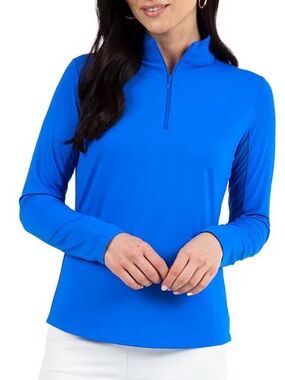 IBKUL Quarter Zip Mock Neck Long Sleeve Top in Blue